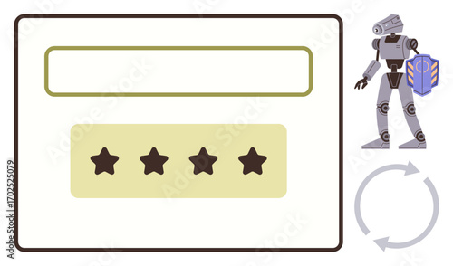 Robot holding shield next to review box with stars and looped arrows indicating automation cycle. Ideal for AI, automation, feedback, protection, technology, efficiency, innovation. Simple flat