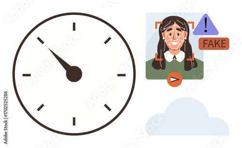 Clock indicating time next to a facial recognition system analyzing a face and flagging it as fake. Ideal for cybersecurity, deepfake detection, AI warning, digital integrity, biometrics, technology