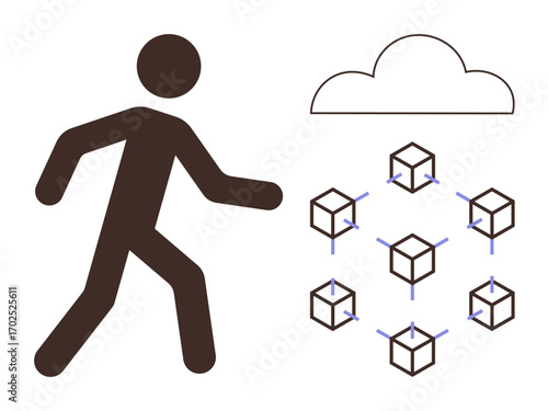 Person moving toward interconnected cubes beneath cloud, symbolizing networking, cloud computing, data sharing, technology growth, digital transformation, blockchain, innovation. Clean flat metaphor