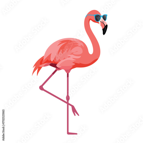 A flamingo wearing sunglasses standing on one leg, isolated on a white background.