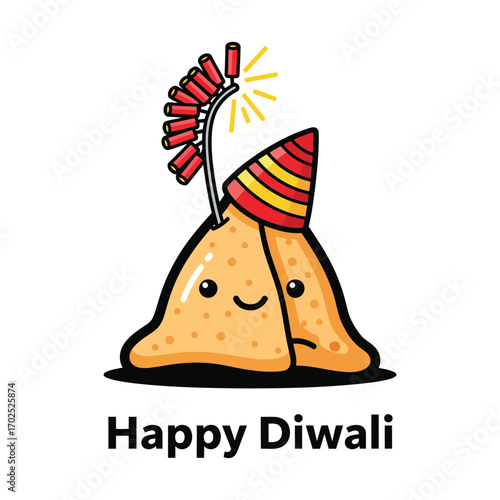 Cartoon samosa wearing a Diwali party hat with fireworks.
