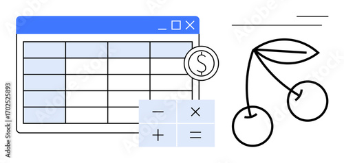 Spreadsheet interface with dollar sign, calculator functions, and stylized cherry graphic. Ideal for finance, budgeting, data analysis, business planning, income tracking, accounting simple flat