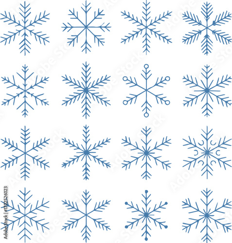 set of 16 blue snowflake vector patterns symmetrical geometric winter designs ideal for holiday seasonal projects
