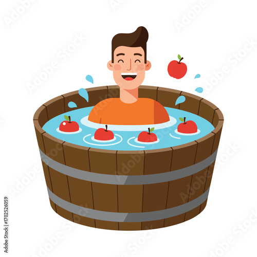 Man bobbing for apples in a wooden barrel full of water.