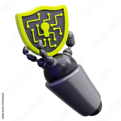Advanced robotic arm holding a digital security shield, symbolizing AI-powered cybersecurity, data protection, and network safety concept