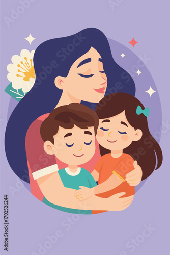 Adobe Ilustración para tarjeta de madre abrazando hijos