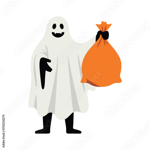 A happy ghost in a white sheet costume holding an orange trick-or-treat bag, ready for Halloween.