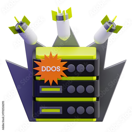 A 3D rendering of a server under a Distributed Denial of Service attack, symbolized by missiles, representing a major cybersecurity threat and vulnerability