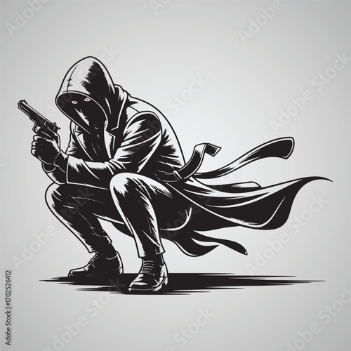 Black and white illustration of a hooded figure with a gun crouching vector