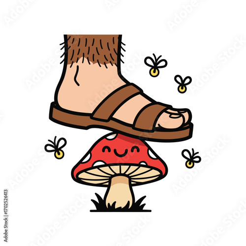 A cartoon illustration of a foot wearing a sandal stepping on a mushroom with a smiling face.