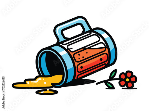 A cartoon illustration of an overturned beer mug spilling its contents next to a single red flower.
