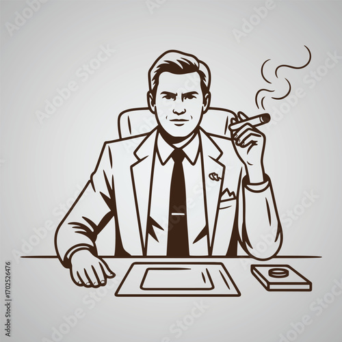 Man in suit smoking cigar sitting at desk with papers and book vector