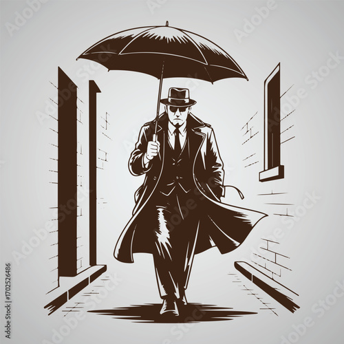 Man in fedora and trench coat holding umbrella walking down alleyway male person