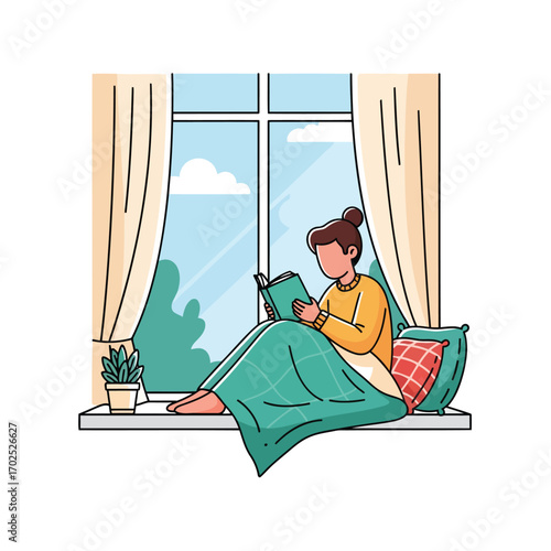 A young woman enjoys a relaxing day reading a book on a cozy windowsill with a blanket and pillows.