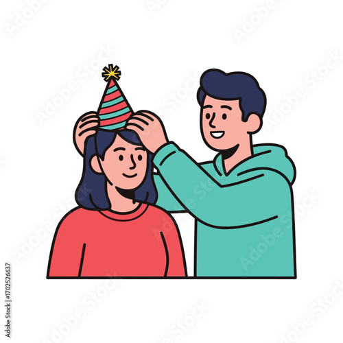 A man gently places a striped party hat with a star on top onto a woman's head, both smiling in a celebratory moment.
