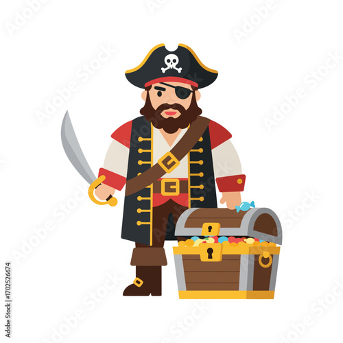 A cartoon pirate with a treasure chest.