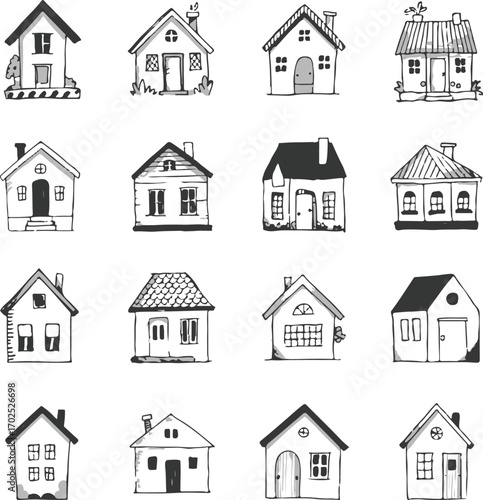 hand drawn whimsical house illustration collection 16 unique residential architecture sketches in grid layout for design inspiration