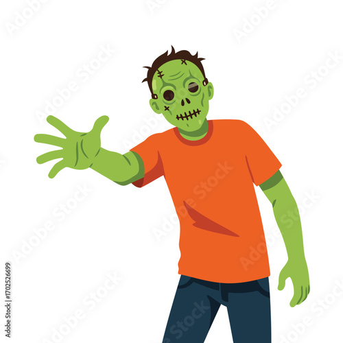 A cartoon illustration of a green-skinned zombie with stitches on his face, wearing an orange shirt and reaching forward.