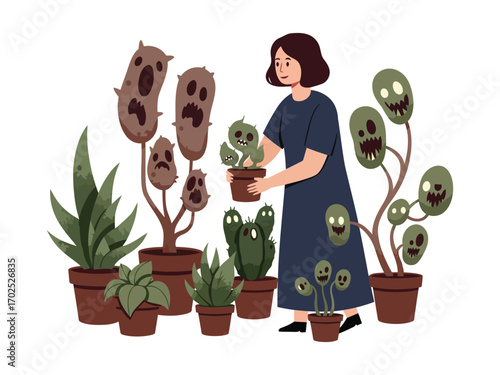 A woman lovingly tends to her collection of spooky, monster-faced houseplants in pots.