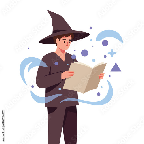 A young man wearing a wizard hat and dark robes reads an open book, with magical blue swirls and geometric shapes emanating from it.