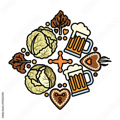 Oktoberfest themed illustration with beer, cabbage, gingerbread hearts, and autumn leaves.