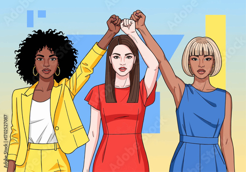 Three diverse women standing together with raised fists, symbolizing unity and empowerment for a better future