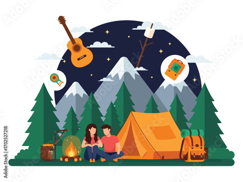 Camping scene with tent, couple, campfire, guitar, mountains, and marshmallows.