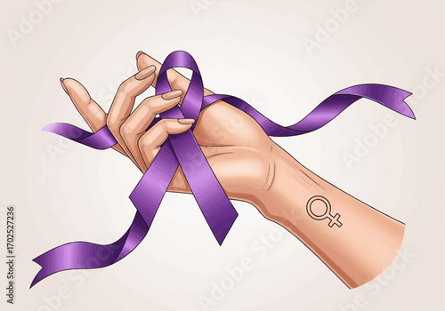 Symbol of Support and Awareness Purple Ribbon Tied Around a Woman's Wrist with a Venus Symbol Tattoo
