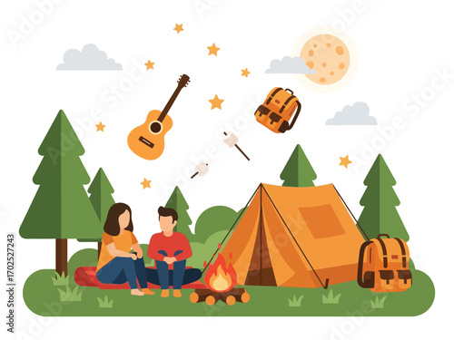 Romantic couple camping by a bonfire under the night sky.