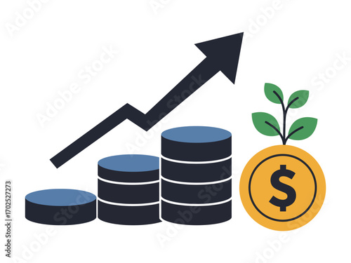 Illustration of financial growth with rising coin stacks, an upward arrow, and a plant growing from a dollar coin.