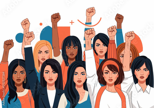 Diverse group of women raising fists in solidarity, symbolizing unity, strength, and empowerment for equality and social justice movements