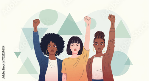 Three women raising fists in solidarity, a powerful image of female empowerment and unity.