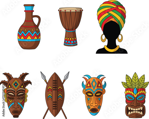 African cultural elements with traditional masks, musical instruments, tribal attire, heritage symbols, ethnic art design, cultural diversity concept, CAD drawing flat vector illustration