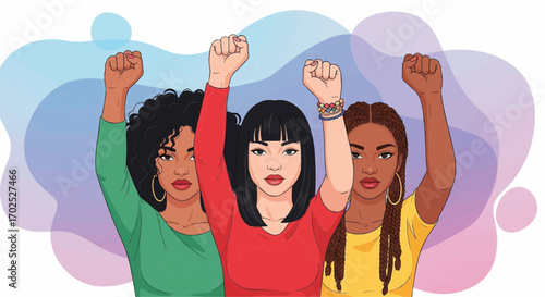 Three women of different ethnicities raise their fists in solidarity.