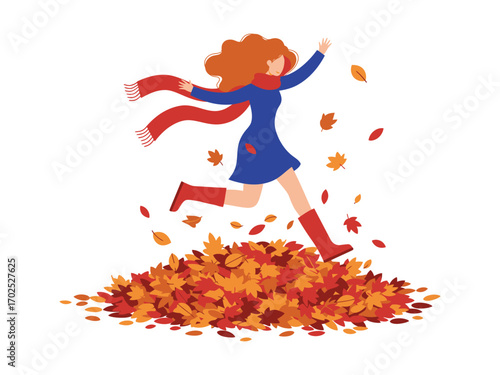 A woman with red hair and a scarf jumps in a pile of autumn leaves, celebrating the season.