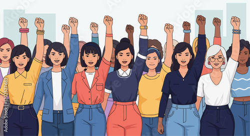 Diverse group of women raising fists in solidarity, celebrating empowerment and unity