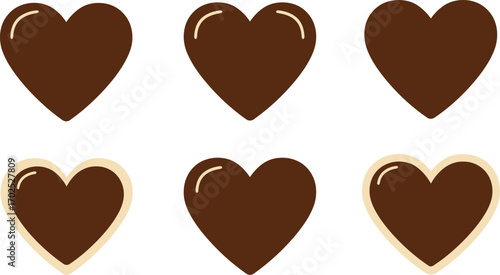 six chocolate hearts arranged neatly in two rows