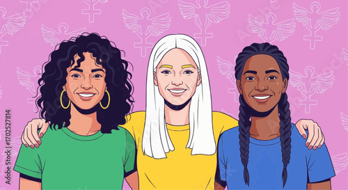 Diverse group of young women standing together, embracing unity and friendship