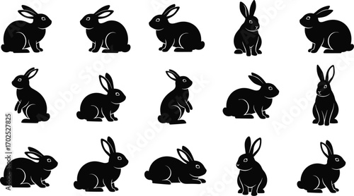 Rabbit animal silhouette collection showing various poses, sitting, standing, crouching, and resting positions for wildlife, pet, and nature design themes