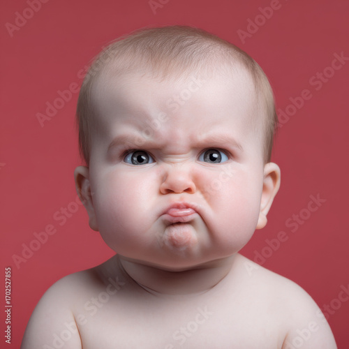 Close-up portrait of an angry baby with a grumpy expression, perfect for concepts like frustration, toddler mood swings, or emotions.

