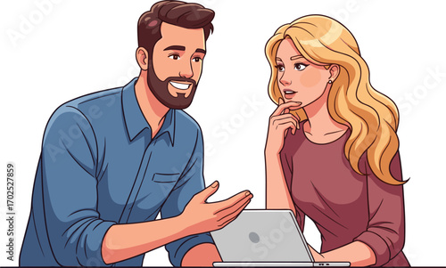 Young man and woman collaborating, discussing project, working together on laptop, team brainstorming, business communication, creative teamwork, office environment, diverse colleagues
