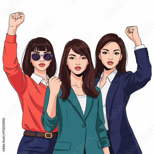 Empowered women united, raising fists in solidarity, symbolizing strength, resilience, and the fight for equality and social justice