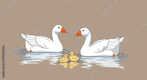 Adorable pixel art depiction of a family of geese swimming peacefully in calm water on a soft brown background