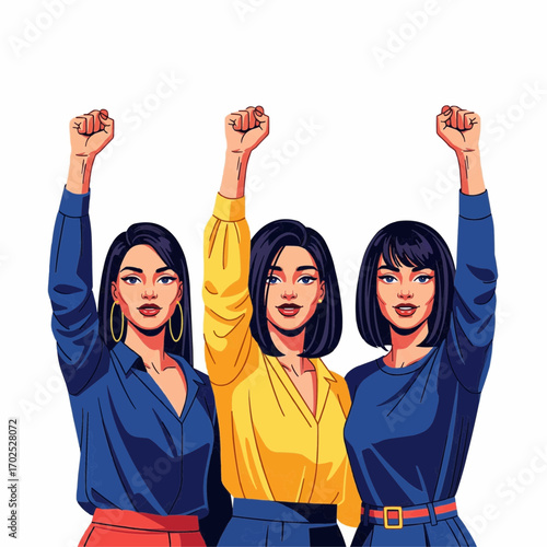 Three determined women raise their fists in solidarity, symbolizing strength, unity, and the fight for equality and empowerment
