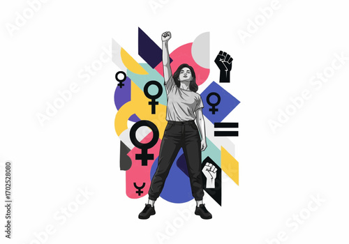 Feminist woman with raised fist symbol of empowerment and equality against abstract background