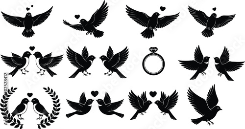Romantic dove silhouette vector icons with hearts, wedding rings, laurel wreath, lovebirds, flying birds, engagement, marriage, Valentine’s Day theme