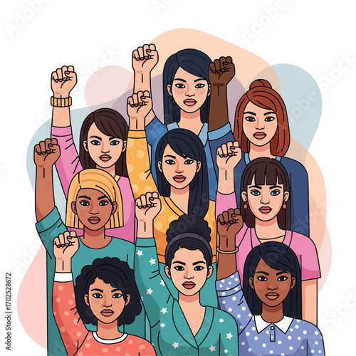 Diverse group of women raising their fists in a powerful display of unity and female empowerment.