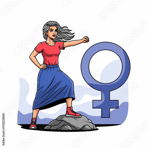 A powerful woman with grey hair stands on a rock with a raised fist, symbolizing feminism and female empowerment next to a large Venus symbol.