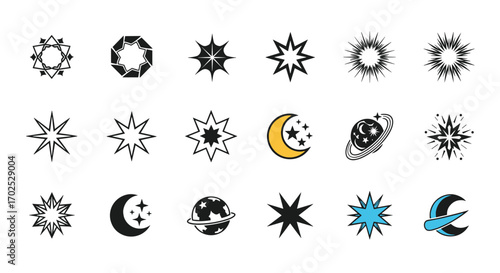 A collection of celestial body and starburst icons for design projects