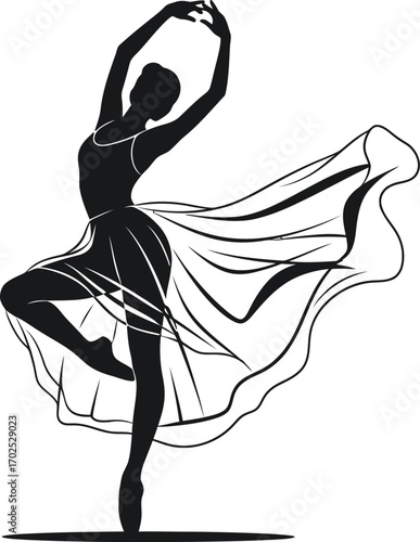Graceful ballerina silhouette in stunning dance pose with flowing skirt, expressing elegance and artistic movement on white backdrop, perfect for ballet designs